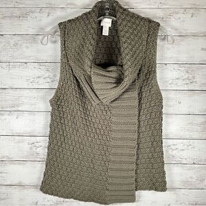 Chico’s Sweater Vest Cardigan Cotton Acrylic Chunky Olive Green Sz 1 M/ 10